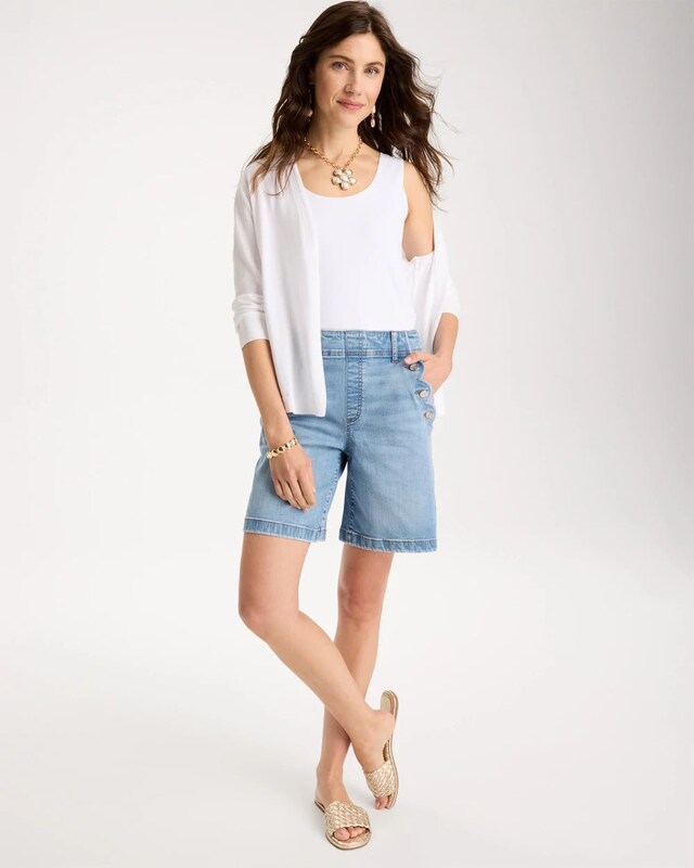 Pull-On Scallop Button Jean Shorts - image 2